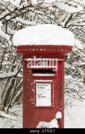 Snow topped traditional Georgian red British post box Stock Photo