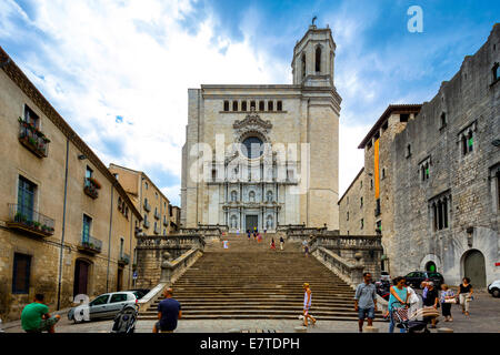 Stairs leading to Girona Cathedral, Cathedral of Saint Mary of Girona, Girona, Catalonia, Spain Stock Photo