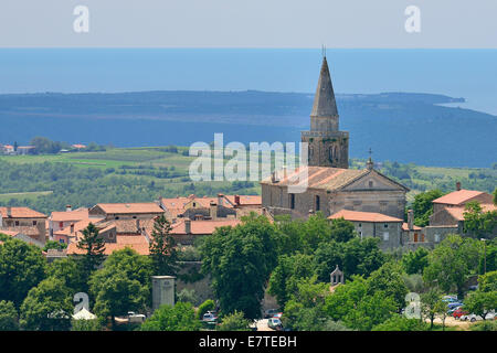 View of the village and the sea, Groznjan, Istria, Croatia Stock Photo