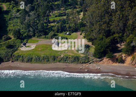 Old defence batteries by Kirby Cove Camp, Marin Headlands, San Francisco, California, USA - aerial Stock Photo
