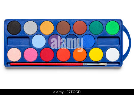 Watercolor paints box with paint brush on white background. Top view Stock Photo