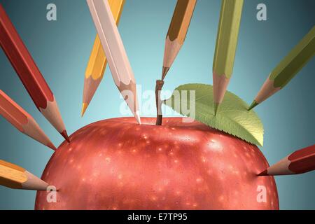 Red apple with pencils sticking into it, computer artwork. Stock Photo