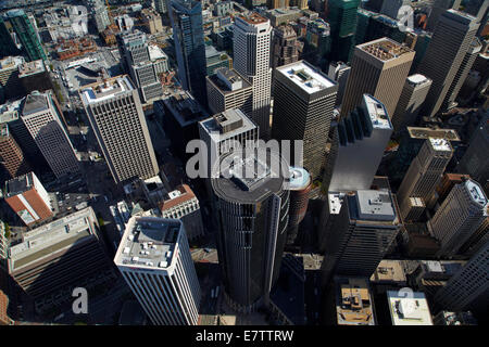 Looking down onto skyscrapers, Market Street, in the financial district, downtown San Francisco, California, USA - aerial Stock Photo