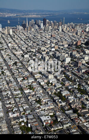 Cow Hollow neighborhood, and downtown San Francisco, California, USA - aerial Stock Photo