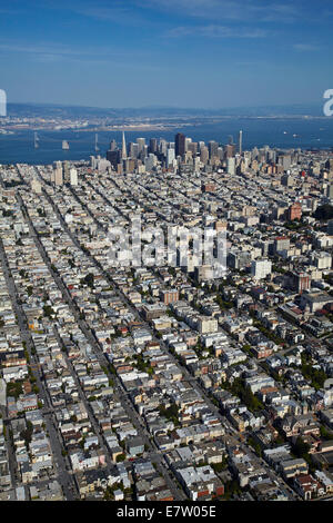 Cow Hollow neighborhood, and downtown San Francisco, California, USA - aerial Stock Photo