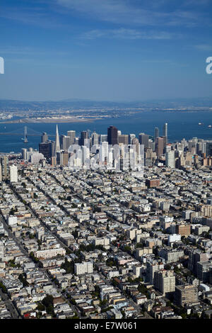 Cow Hollow and Nob Hill neighborhoods, and downtown San Francisco, California, USA - aerial Stock Photo