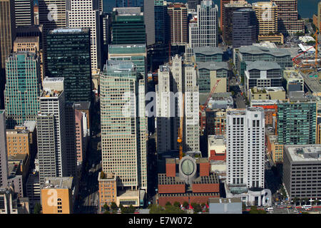 Skyscrapers around Mission Street and 3rd Street, downtown San Francisco, California, USA - aerial Stock Photo