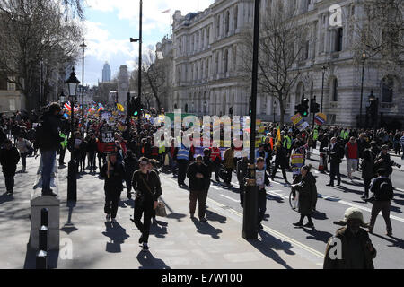Large march by trade unionists and UAF to protest racism. The march ended with a rally at Trafalgar Square.  Featuring: Large march by trade unionists and UAF to protest racism Where: London, United Kingdom When: 22 Mar 2014 Stock Photo