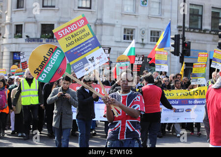 Large march by trade unionists and UAF to protest racism. The march ended with a rally at Trafalgar Square.  Featuring: Large march by trade unionists and UAF to protest racism Where: London, United Kingdom When: 22 Mar 2014 Stock Photo