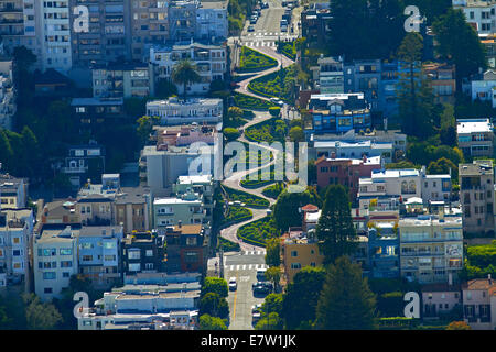 Lombard Street (claimed to be the world’s crookedest street), Russian Hill neighborhood, San Francisco, California, USA - aerial Stock Photo