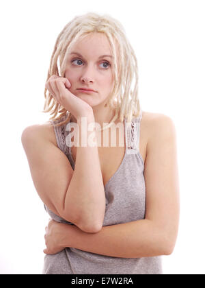 sad woman with blonde dreadlocks Stock Photo