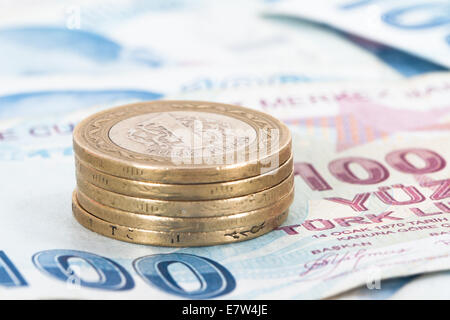 Turkish lira coins in a row on hundred banknotes. Stock Photo