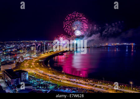 Annual end of the summer festival with Fireworks over the harbor in Reykjavik, Iceland Stock Photo