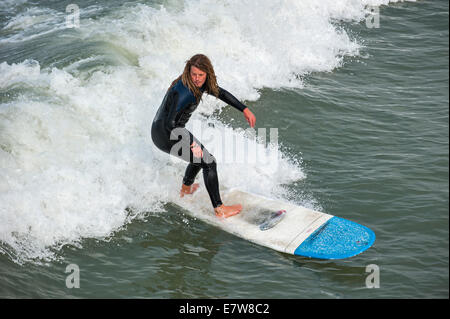 Surfer with dreadlocks in black wetsuit riding wave on surfboard as it breaks along the North Sea coast Stock Photo