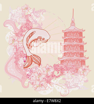 Japanese koi and ancient building background Stock Photo