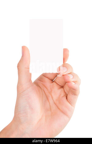 Hand holding blank, white business card, isolated on white background. Stock Photo