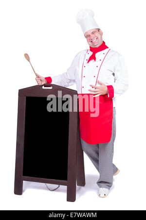 happy chef standing with an blank menu Stock Photo