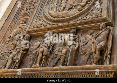 Close up of wood carvings on the exterior of Rouen Cathedral, Rouen Normandy France EU Stock Photo