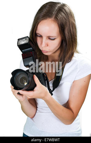 Girl with digital camera isolated on white background Stock Photo