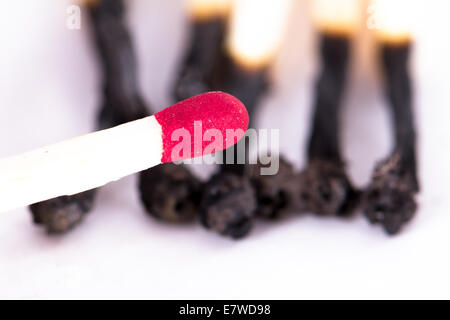 Single red headed match standing out against group of used, burnt matches, isolated on white background. Stock Photo