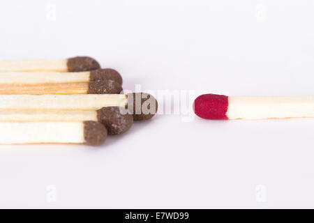 Single red headed match standing out against group of other matches, isolated on white background. Stock Photo