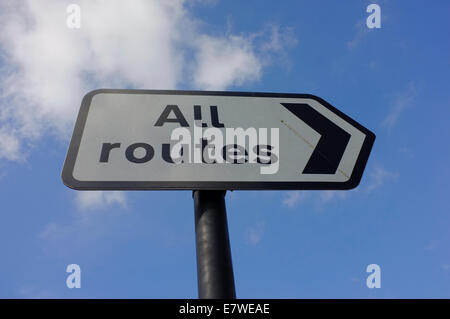 All routes sign indicating direction of travel on a post in England ...