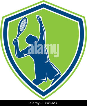 Illustration of a silhouette tennis player holding racquet serving set inside shield crest on isolated background done in retro Stock Photo