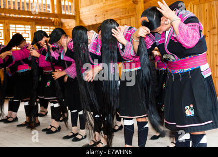 Long Hair Yao women wearing traditional clothing. Stock Photo