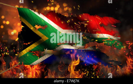 South Africa Burning Fire Flag War Conflict Night 3D Stock Photo