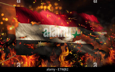 Syria Burning Fire Flag War Conflict Night 3D Stock Photo