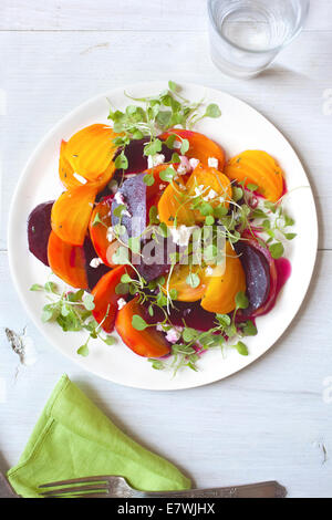 Colorful beet salad plated on white plate and backdrop. Stock Photo
