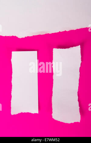 Ripped up pieces of pink paper with copy space on white background ...