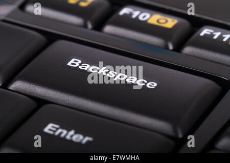 Backspace key on black keyboard. Stock Photo