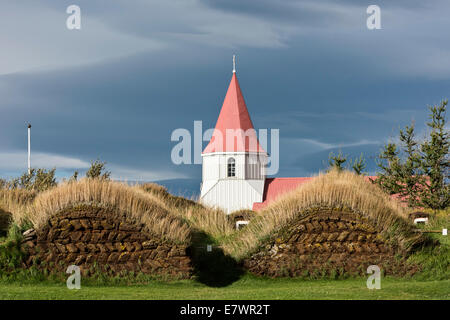 Church and sod houses, turf buildings, Glaumbaer or Glaumbær Museum, Northwestern Region, Iceland Stock Photo