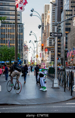 Action hero 'Buzz Lightyear' looking lost on a New York City Street. Stock Photo