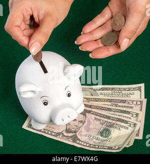 US Dollars and a piggy bank with woman's hand placing coins into the white pig Stock Photo