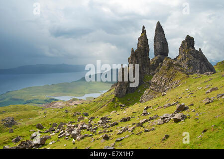 Looking over the Quiraing, Storr and the Sound of Raasay on the Isle of Skye, Scottish Highlands, Scotland. Stock Photo