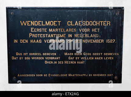 Plaque for Wendelmoet Claesdochter, the first Dutch female martyr, who was burnt at the stake because of her protestant belief. Stock Photo