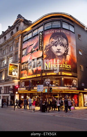 London theatre nightlife; The Queens Theatre, Shaftesbury Avenue London West End, showing Les Miserables musical show; London UK