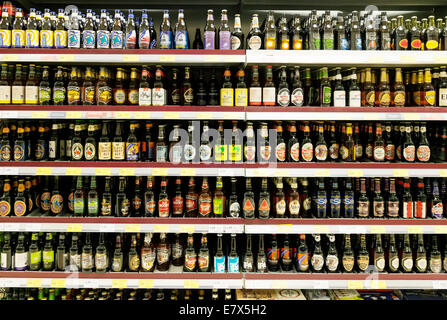 English bottled beers for sale in a supermarket on shelves, Tesco, Newmarket, UK Stock Photo