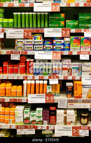 Vitamins and multivitamins for sale on supermarket shelves, Waitrose, Newmarket UK Stock Photo