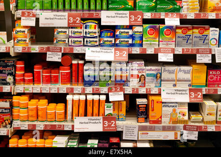 Vitamins and multivitamins for sale on supermarket shelves, Waitrose, Newmarket UK Stock Photo