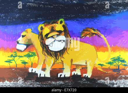 the lion drawing painting with colorful  background Stock Photo