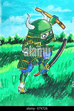 a green samurai with weapon  painting background Stock Photo