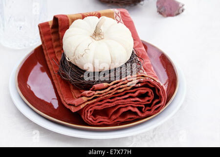 Beautiful table set with white pumpkins and natural items ready for an autumn meal. Stock Photo