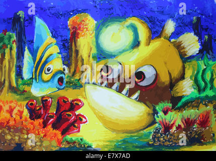 Colorful  fish and beatiful coral in the sea painting background Stock Photo