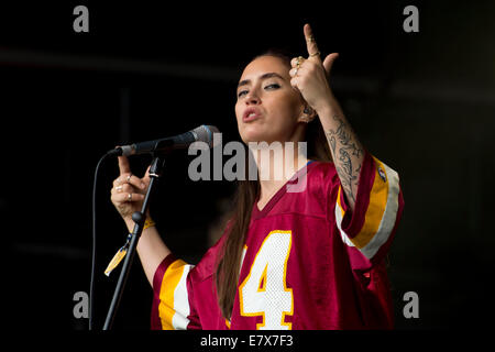 Ingrid Helene Havik of Highasakite performs during the Green Man festival at Glanusk Park in Brecon, Wales. Stock Photo