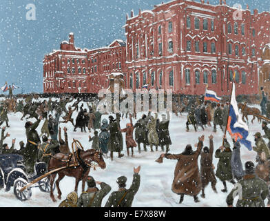 Russo-Japanese War (1904-1905). Patriotic demonstration in front of the Winter Palace. Saint Petersburg. Engraving. Colored. Stock Photo