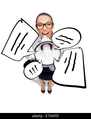 screaming businesswoman with megaphone Stock Photo