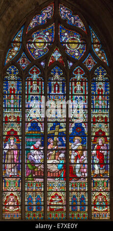 BRUGES, BELGIUM - JUNE 12, 2014: The death of st. Helen on windowpane in St. Salvator's Cathedral (Salvatorskerk) Stock Photo